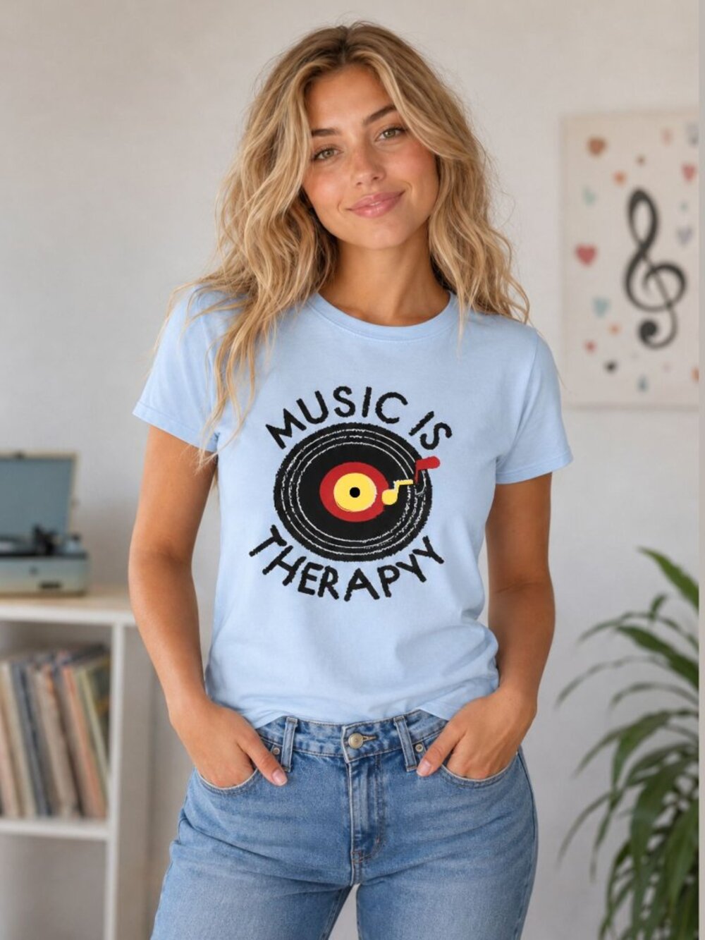 Music Is Therapy Graphic Tee Short Sleeve Light Blue Polyester Shirt Size M